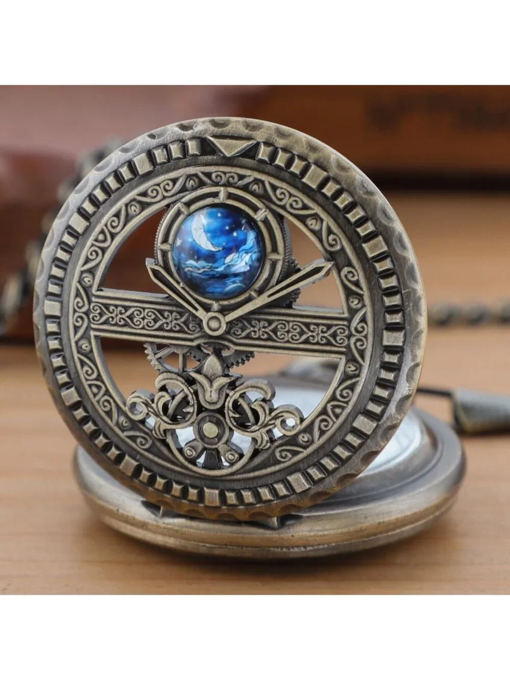 Men's Brown And Gold Analog Quartz Arabic Numeral Moon Phase Chain Pocket Watch
